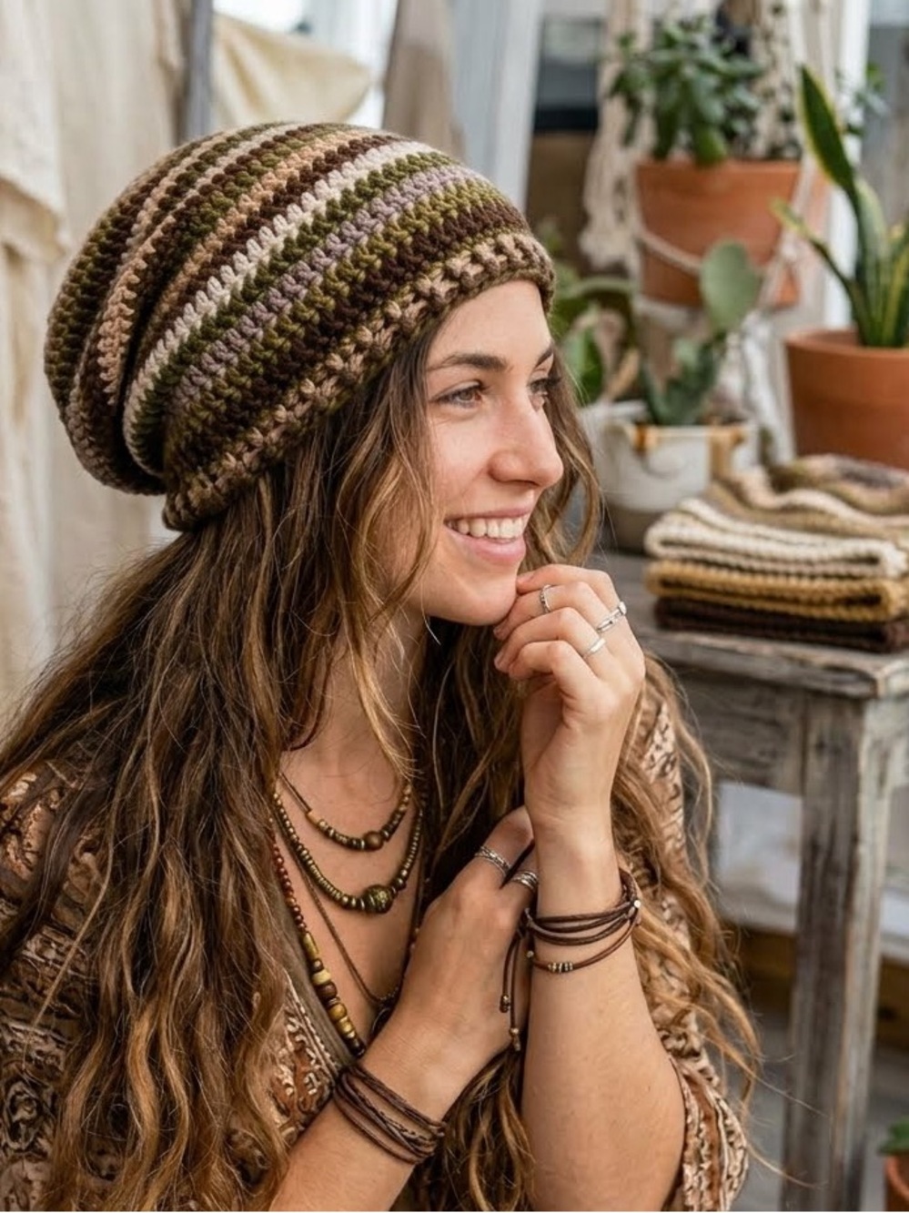 HAND CRAFTED Crochet Slouch Beanie NEW Brown Tan Beige Neutral